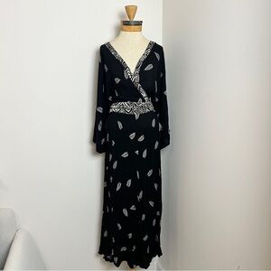 ROAMAN'S Black White Tropical Leaf Faux Wrap Long Maxi Dress Sz 14/16 (523)